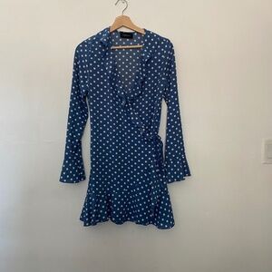 FiveSeventyFive Long Sleeve Wrap Blue and White Polka Dot Ruffle Minidress